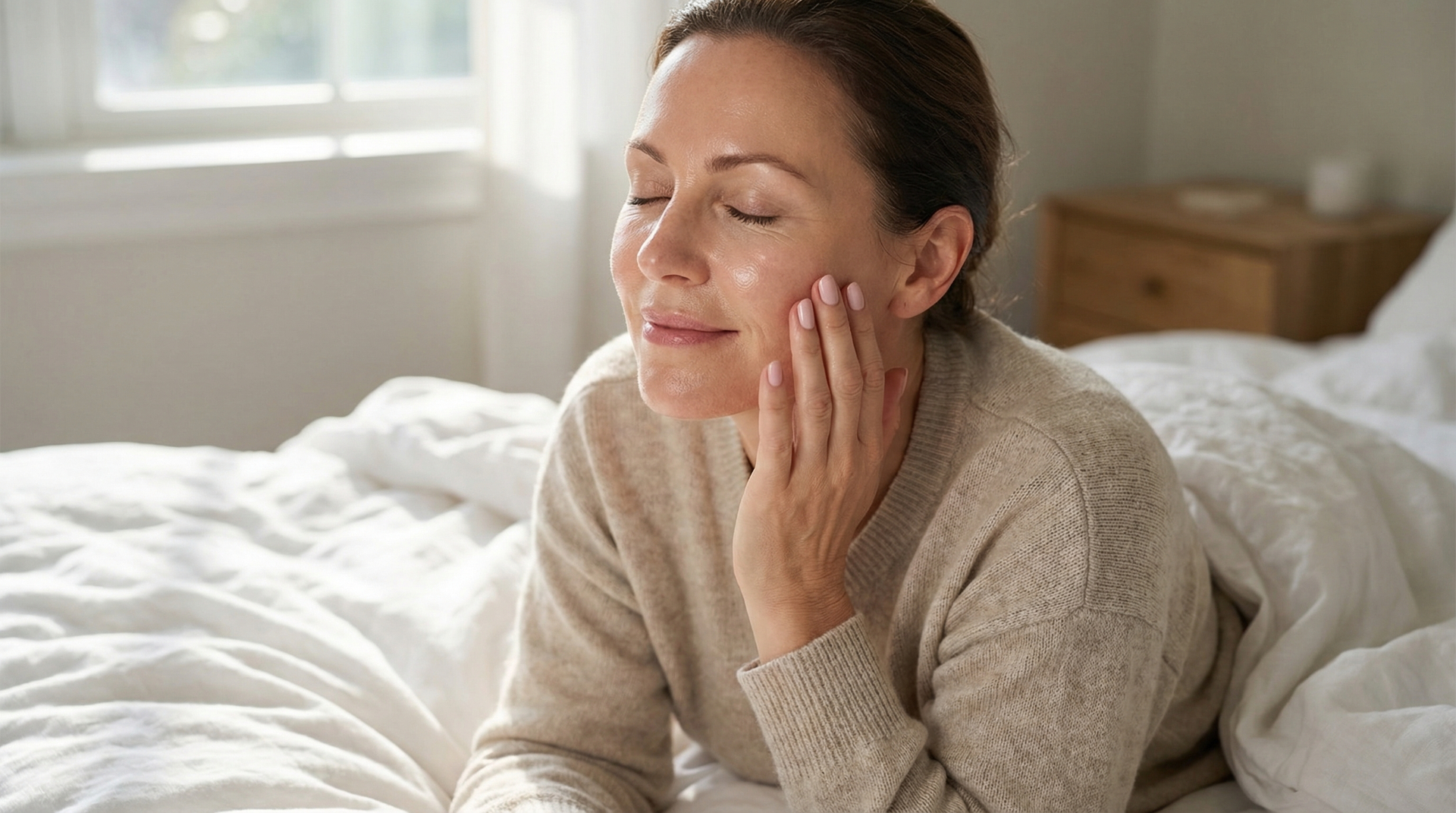 Frau 40–50, morgens, natürliches Licht, berührt sanft ihre Wange, entspannter Blick, weiße Bettwäsche im Hintergrund